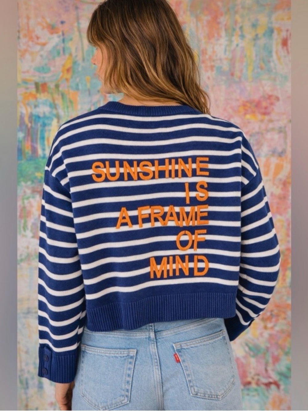 Kerri Rosenthal Sunshine Is A Frame Of Mind V-Neck Striped Sweater Medium M Blue